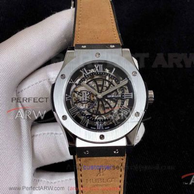 Perfect Replica Hublot Classic Fusion Stainless Steel Case Black Roman Hollow Face 45mm Watch